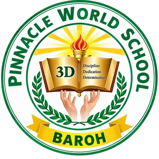 The school emblem: two hands raising an open book and a torch, with 3D on its pages